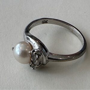 10K White Gold Pearl and Diamond Accent Ring